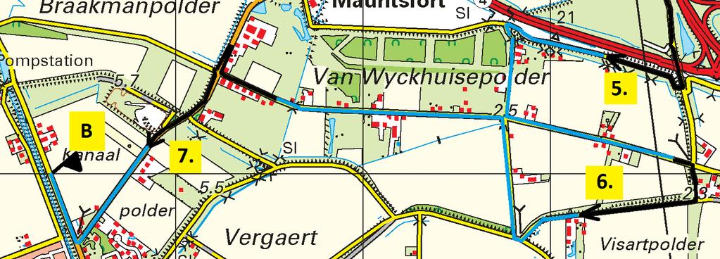 Aan de voet van pijl 3 nog wel achterom de driehoek voor controle W. Aan de voet van pijl 5 wederom een uitwasje.