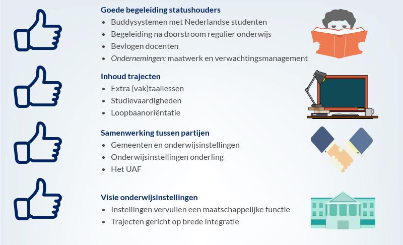 Door taal en inburgering te combineren met extra vakken en arbeidsmarktoriëntatie bevorderen instellingen daarnaast het integratieproces van de deelnemers.