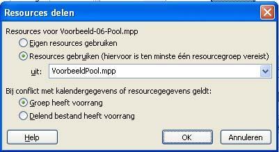 Selecteer het bestand dat gebruik gaat maken van de Resource Pool en kies de menu-optie Resource Toewijzingen Resourcegroep - Resources delen [Resource Assignments Resource Pool - Share Resources].