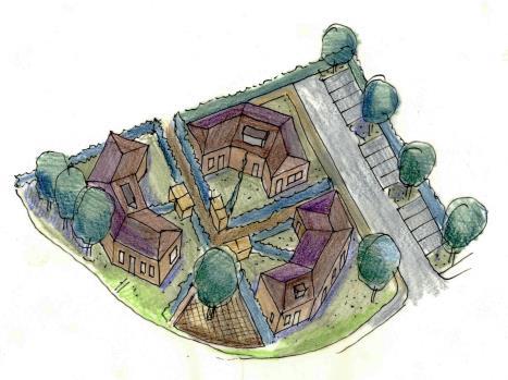 Model 3: Doorborduren op omgeving 8 grondgebonden woningen á 2 bouwlagen; twee rijtjes van drie + één dubbele woning; in plaats van dubbele woning is ook een enkele denkbaar; sousterrain mogelijk.
