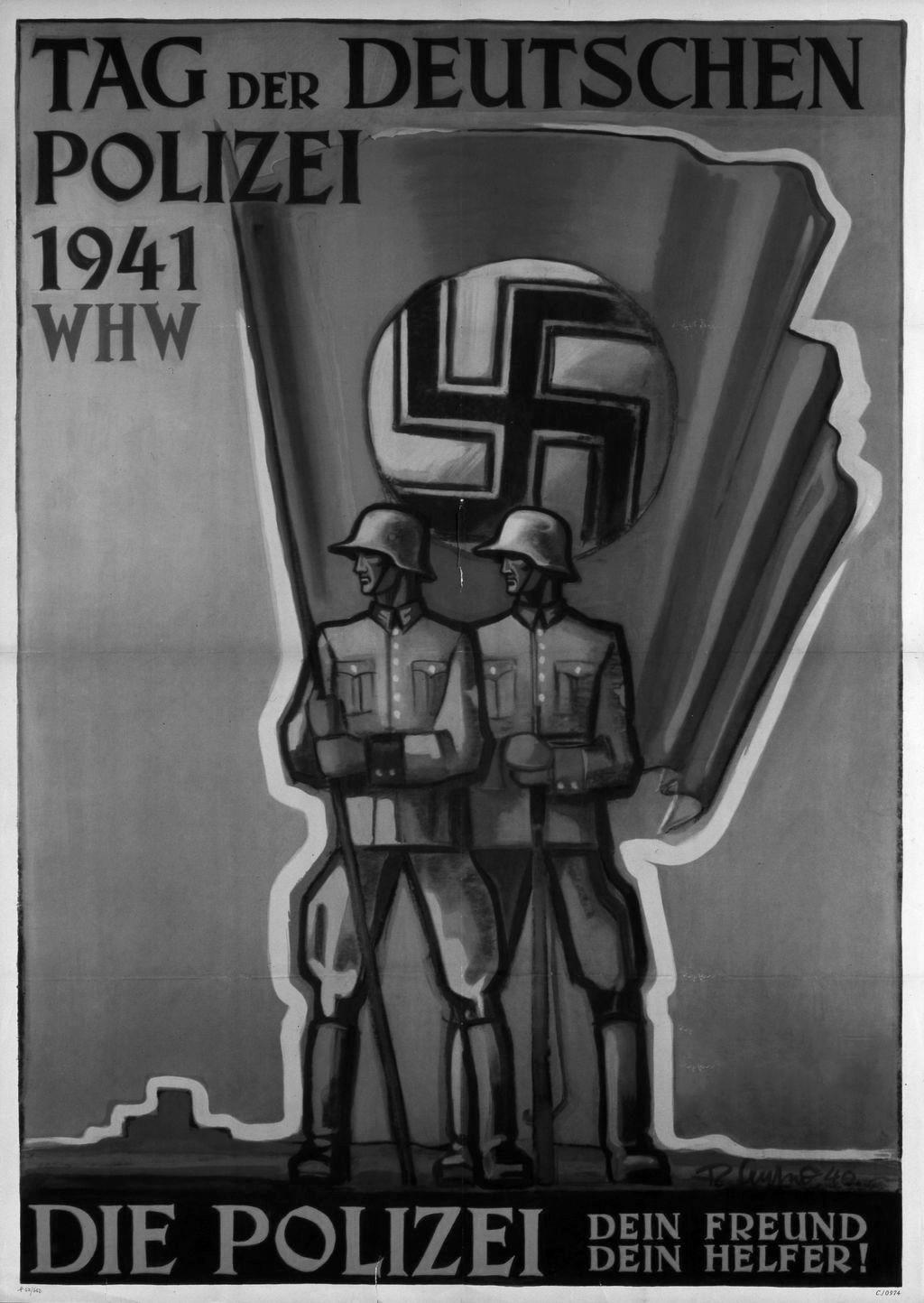 bron 14 Een poster uit 1941: Toelichting Op de poster staat bovenaan: Dag van de Duitse politie 1941. Onderaan staat: De politie, je vriend, je helper!