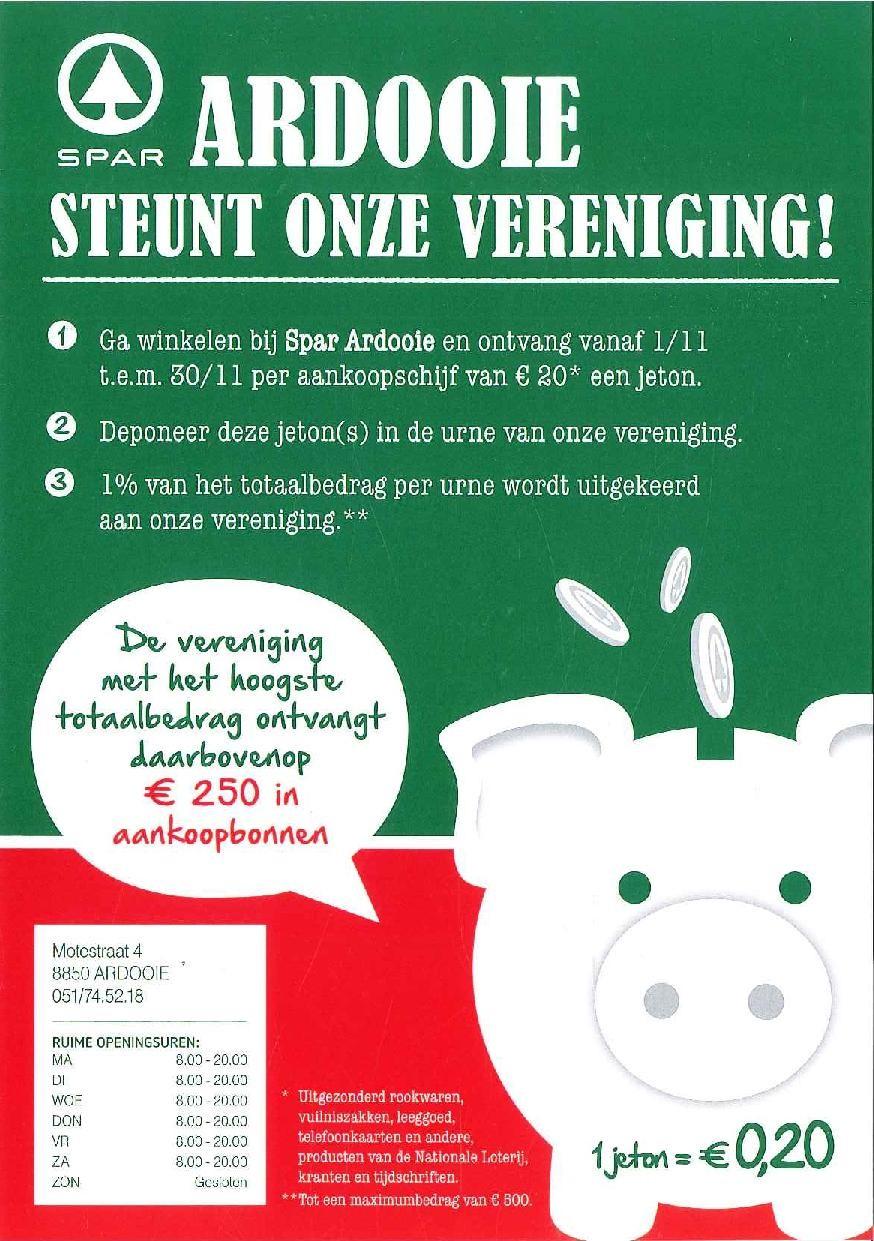 SPAR ACTIE OUDERCOMITE In de Spar in Ardooie loopt vanaf 1 november t.e.m. 30 november een spaaractie. Per aankoopschijf van 20 euro ontvangt u een jeton.