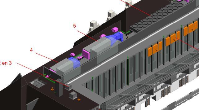 2.3.3. Uitblaaskappen aanzuig LBK s technische ruimte 2 e verdieping mezzanine Fig 7 Uitmondingen dakkappen en retour lbk hotelkamers - buitenlucht aanzuigroosters atrium (oranje) Gegevens: De