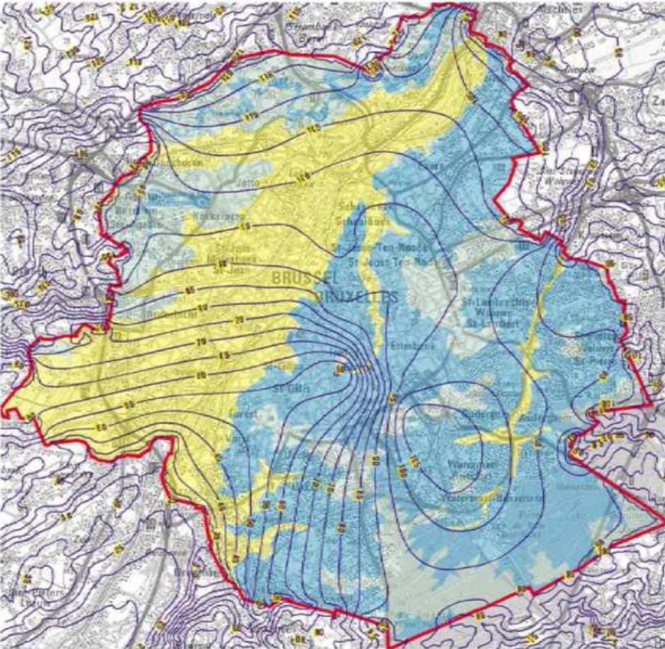 Zeer geschikt Geschikt Matig geschikt Diepte onder het grondniveau Figuur 46 : Kaart van het geothermisch potentieel in het Brussels Gewest (VITO-studie uit 2007 voor Leefmilieu Brussel 62 ) Gelet op