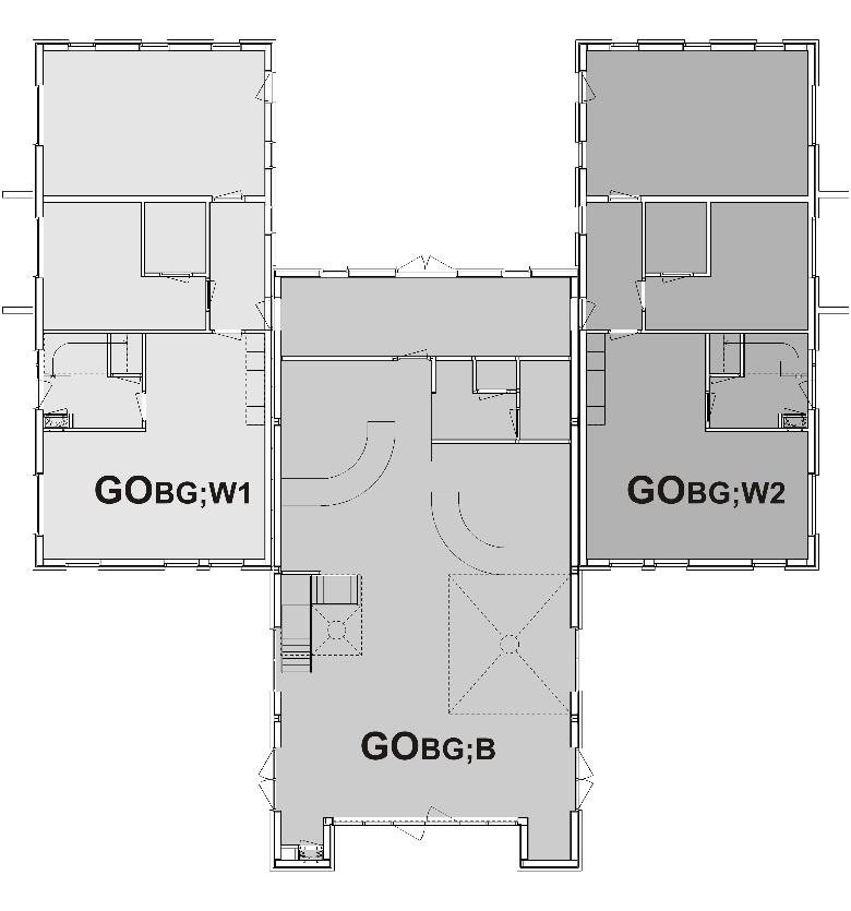 Gebruiksoppervlakken woning links Receptiegebouw GOBG;W1 begane grond: 121,82 m² GOBG;B begane grond: 173,62 m²