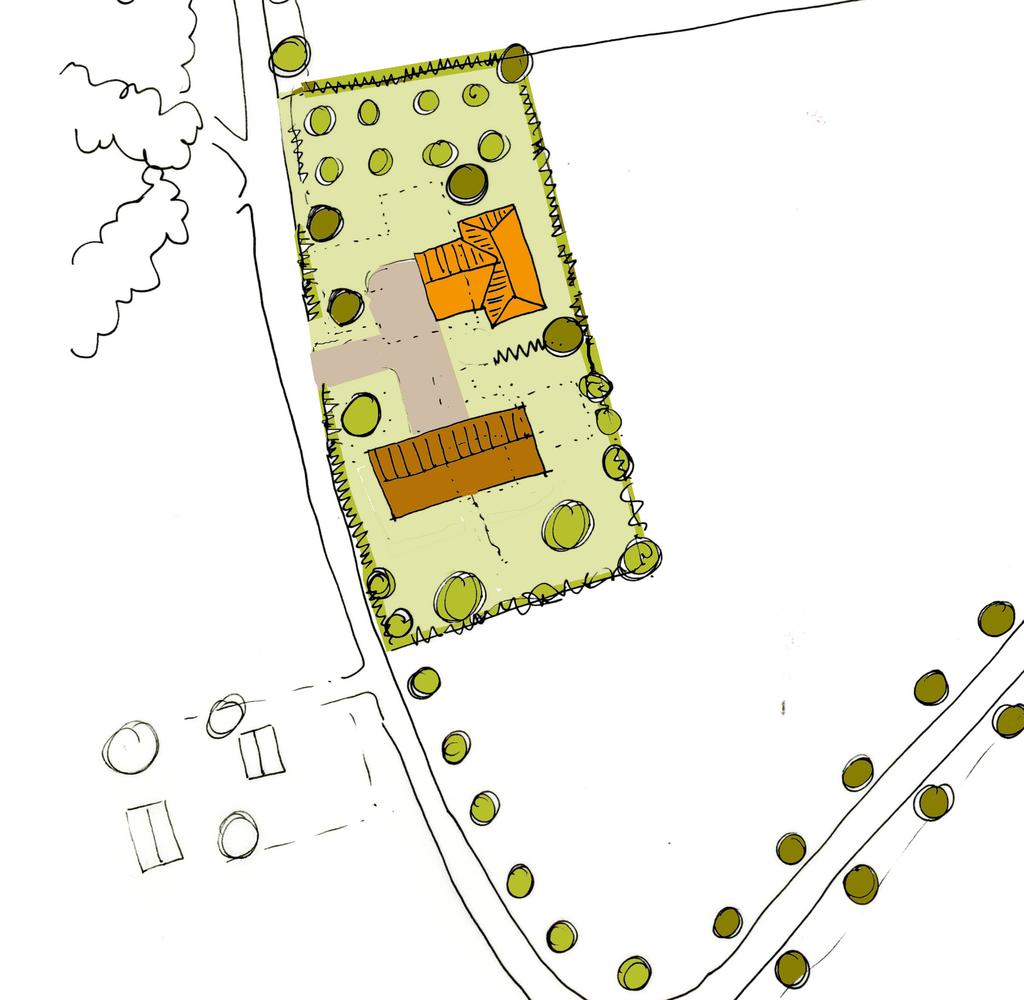 ADVIES B C E Schets nieuw erf, de nieuwe woning komt evenwijdig aan de bestaande schuur. D A B Bestemmingsplan kaart. In de blauwe cirkel is in geel het bouwvlak aangegeven.