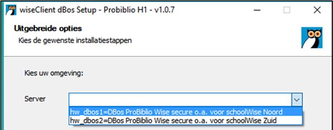 Kies nu de juiste installatie op basis van onderstaande verdeling: Kies hw_dbos1=dbos Probiblio Wise secure o.a. voor schoolwise Noord voor scholen aangesloten bij de volgende bibliotheken: Bibliotheek Gooi en meer Bibliotheek Huizen Laren Blaricum Bibliotheek Hilversum St.