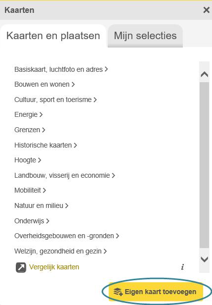 2.1.1.3 Eigen kaart toevoegen Onderaan het tabblad Kaarten en plaatsen staat een extra knop: Eigen kaart toevoegen. (zie Figuur 9) Figuur 9: Eigen kaart toevoegen via lijst van kaarten 1.