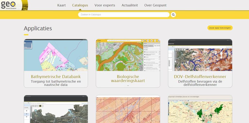 Applicaties In de catalogus van de applicaties vind je een hele reeks toepassingen van het Agentschap en GDI-partners. Ook de kaarttoepassing van Geopunt staan hier in detail uitgelegd.