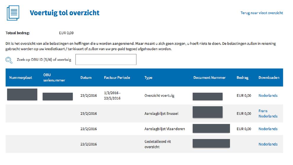 Stap 7: Klik op een nummerplaat. Op het scherm verschijnen de beschikbare documenten voor de geselecteerde factureringsperiode.