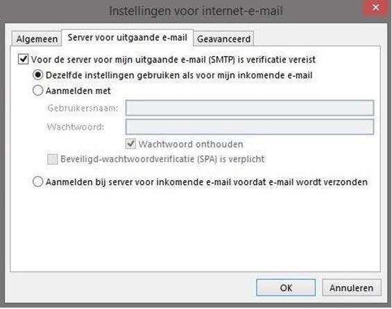Bij Server voor uitgaande e-mail (SMTP) vult u mail.jouweigenwebsit.extensie in, waarbij u jouweigenwebsite.