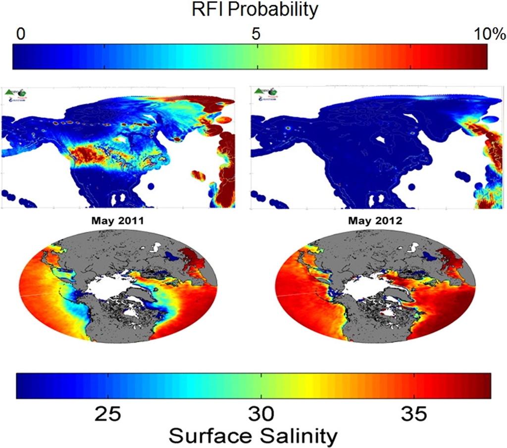HOOFDSTUK 2. Passieve microgolfwaarnemingen van bodemvocht Figuur 2.2: Boven: RFI-probabiliteiten van Noord-Amerika.