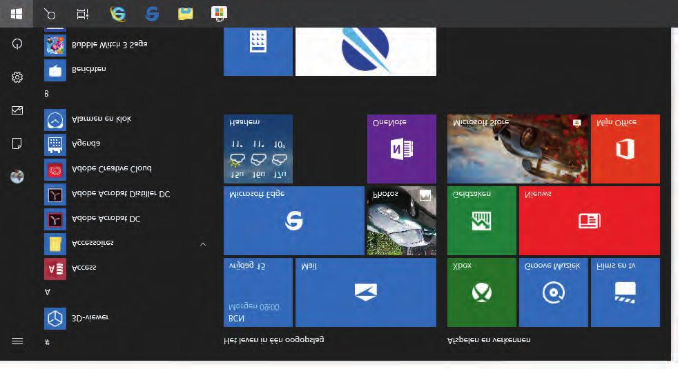 Het Complete Boek Windows 10 Afbeelding 1.2 Het startmenu van Windows 10 combineert de vertrouwdheid uit Windows 7 met elementen uit Windows 8, zoals de tegels.