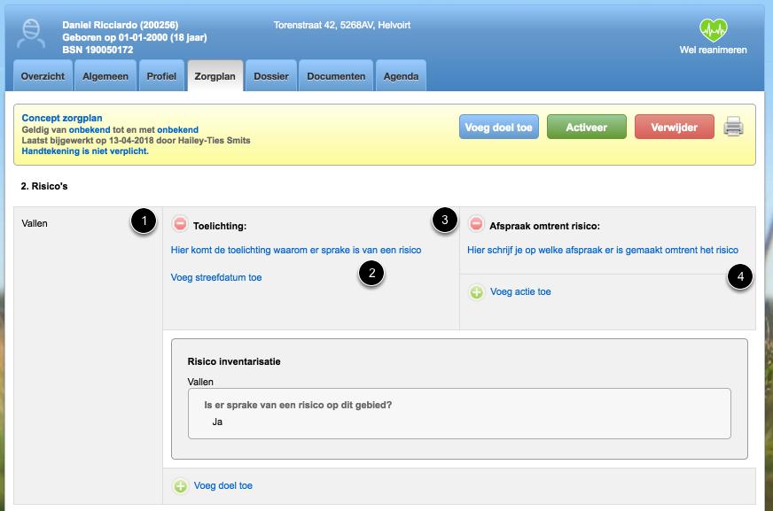 Gebruik het 'Actiecommentaar' om de afspraak omtrent het risico vast te
