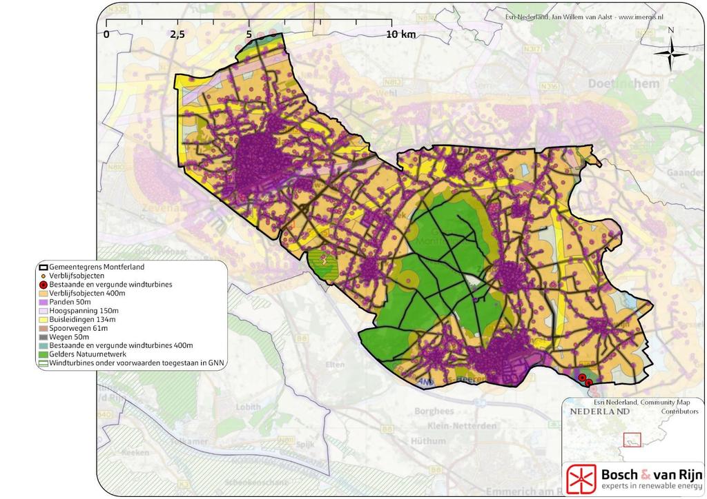 Figuur 1 Belemmeringenkaart windenergie Montferland (Afmeting windturbine 100 m