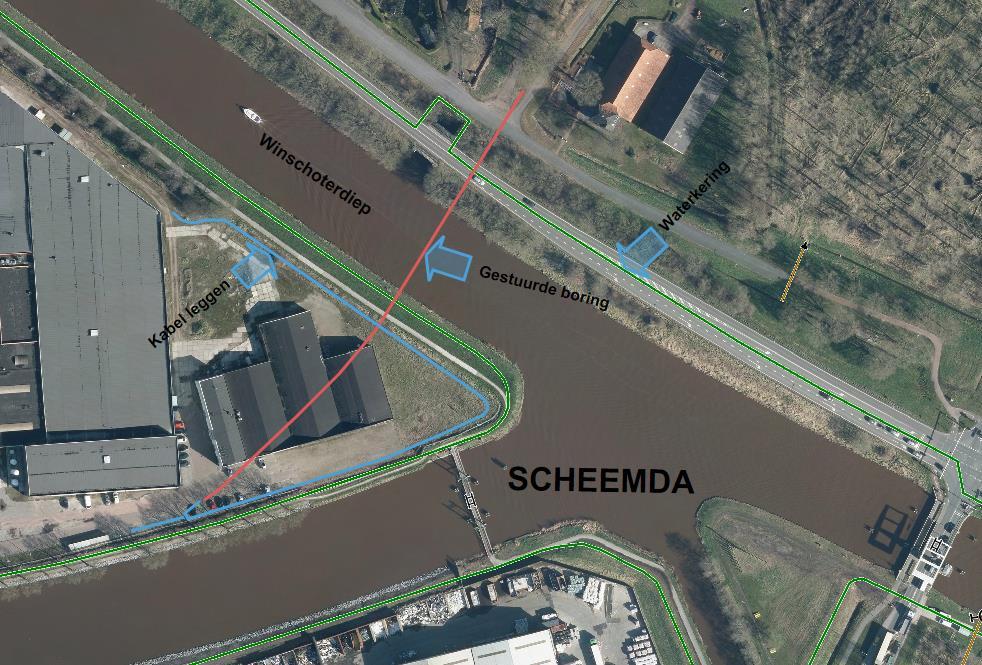 5. Bijzondere voorschriften 5.1. Plaats a. De kabels, gelegen achter de waterkering van het Winschoterdiep, moet worden aangelegd met een gronddekking tussen 0,5 en 0,7 meter. b.