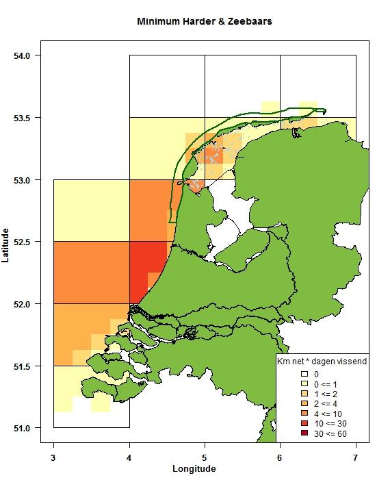 Figuur 4 De intensiteit van staandwantvisserij op harder & zeebaars (boven), tong (onder) in de Nederlandse kustzone per 1/16 ICES vierkant. Uitgedrukt in aantal km-net-dagen per jaar.