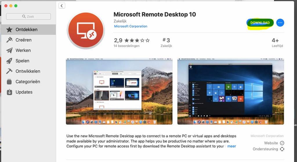 Zoek naar Microsoft Remote Desktop en select de App gemaakt door Microsoft.