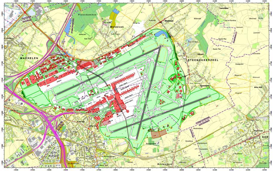 Voor Brussels Airport wordt uitgegaan van de grenzen van de luchthaven (figuur 1.2). Dit is de afbakening van de luchthavenzone zoals ze in de regionale plannen is vastgelegd.