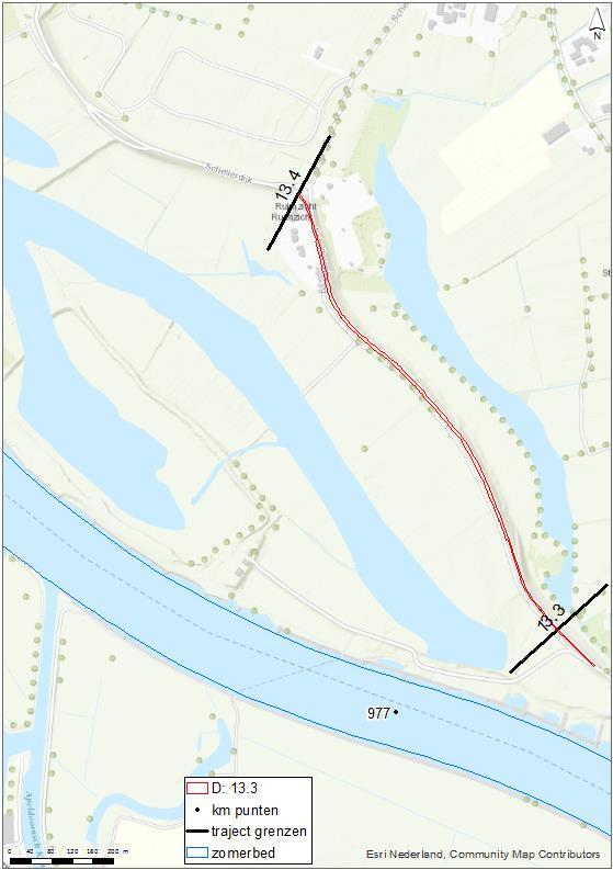 Afbeelding 5.22 Rivierwaartse as-verschuiving op deeltraject 13.3 Waterstandsverschil op de rivieras Afbeelding 5.23 toont het verschil in waterstanden op de rivieras voor een Boven-Rijnafvoer van 16.