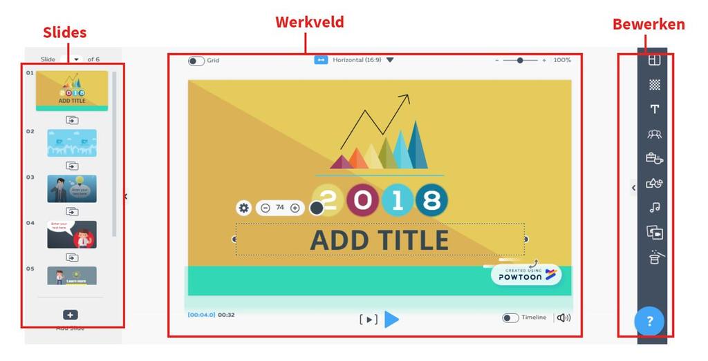 twee slides. WERKVELD 6. Grid aan-/uitzetten 7.