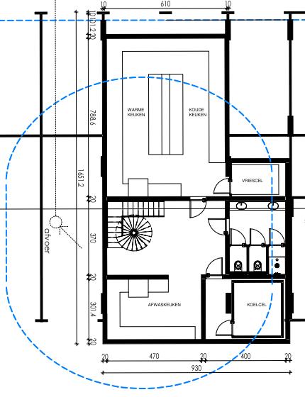 Mezzanineniveau - Bevindt zich tussen niveau 0 en -1 - Gepositioneerd onder het paviljoen - Deze ruimte