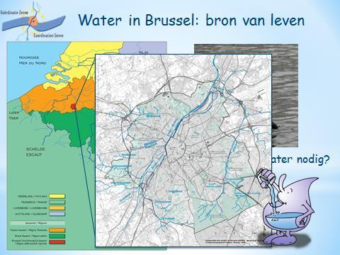 Doel expo = we volgen de reis van het kraantjeswater - Rode vlak is Brussel uitvergroten heel wat water in Brussel, zie blauwe lijntjes.