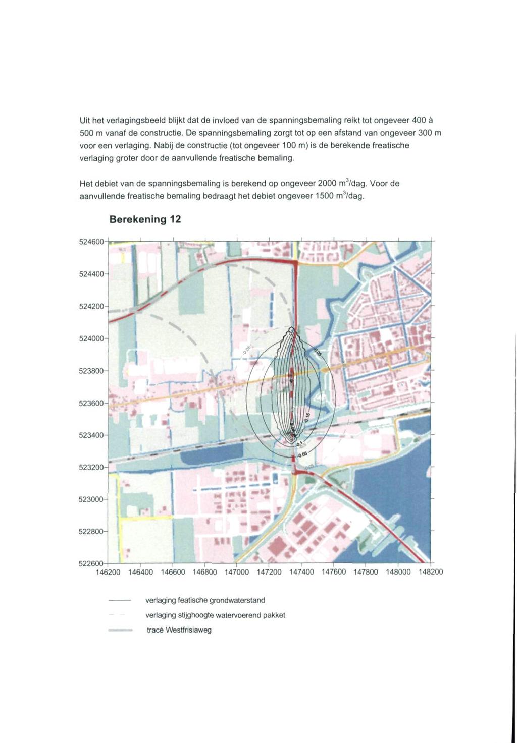 Uit het verlagingsbeeld blijkt dat de invloed van de spanningsbemaling reikt tot ongeveer 400 a 500 m vanaf de constructie.