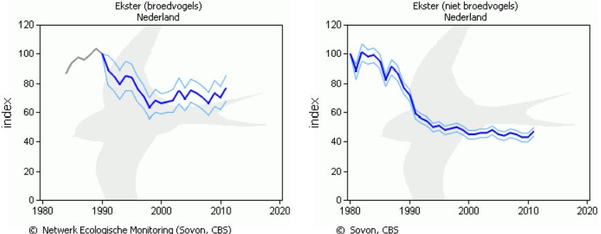 Fig. 3 en 4. Landelijke index voor broedvogels (BMP) en niet-broedvogels (PTT in december, (Bron: www.sovon.nl). Provinciaal Figuur 5 toont de provinciale boedvogelindexcijfers voor Groningen.