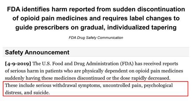 2019: FDA waarschuwt: niet abrupt stoppen maar geleidelijk afbouwen Op 9 april wees de Amerikaanse FDA 18 op de gevolgen van de huidige opioïde crisis waarvan de gevolgen ook in Nederland merkbaar