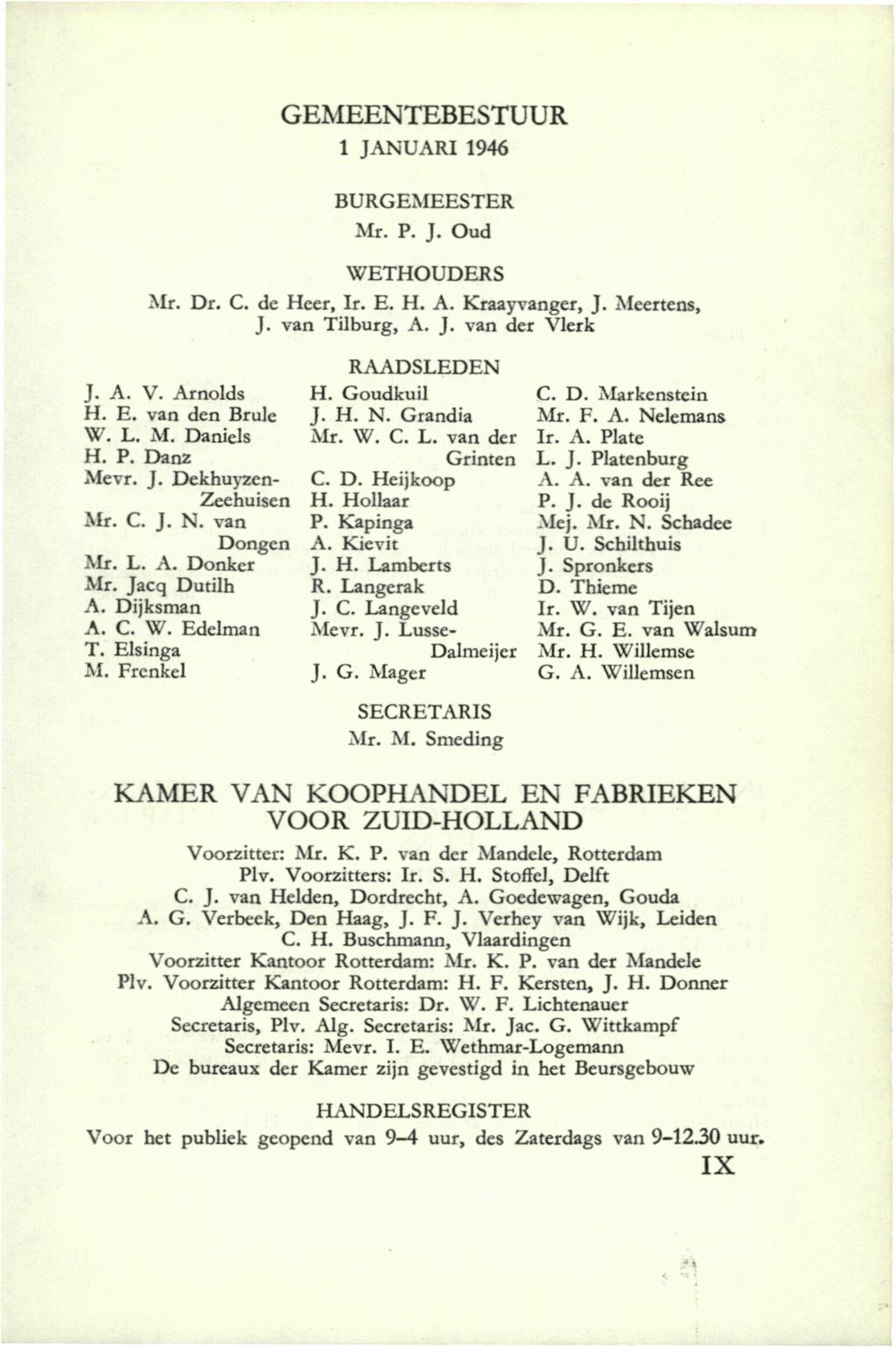 GEMEENTEBESTUUR 1 JANUARI 1946 BURGEMEESTER Mr. P. J. Oud WETHOUDERS Mr. Dr. C. de Heer, Ir. E. H. A. Kraayvanger, J. Meertens, J. van Tilburg, A. J. van der Vlerk J. A. V. Arnolds H. E. van den Brule W.