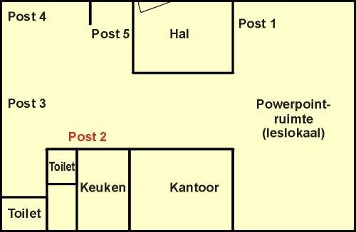 Algemeen Post 2 vind je in het gebouw tegen de muur tussen keuken en toiletten (zie plattegrond).