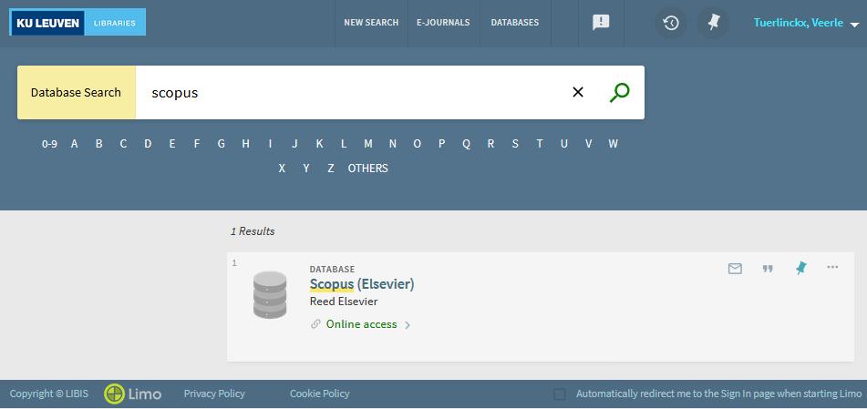 1 Start (via Limo) Wanneer je al in Limo aan het werken bent, kan je Scopus intypen in de zoekbalk en Databases aanduiden. Klik vervolgens in LIMO op Online access.