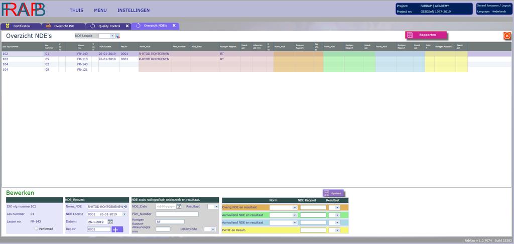 NDO Rapporten verwerken in FABRAP We openen ons project, gaan naar [INSTELLINGEN] [Quality Control] en dan naar de Tegel NDE Overview en onderstaand