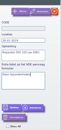 Selecteer ISO 102 las 05R1 en maak het NDE-request aan in het tweede detailblok in de sectie