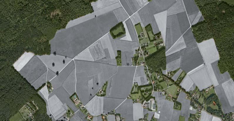 Bebouwingen (boerenerven en woonbebouwing) hebben een besloten karakter. Luchtfoto 2: Op de eng gelegen boerenerven. Kaal in het landschap (weinig tot geen opgaand groen op erfscheiding.
