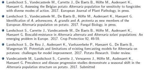 Besluit Na 4 jaar waarnemingen gemiddeld lage ziektedruk van Alternaria in Vlaanderen Population is meer divers dan gedacht (bv. A. arborescens) Populatie samenstelling wisselt gedurende groeiseizoen: van A.