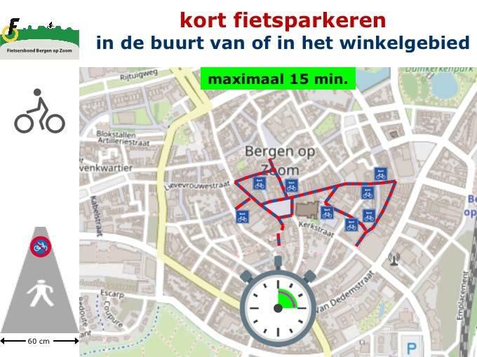 Als het niet of matig druk is, is zeer kort parkeren in het winkelgebied aantrekkelijk voor fietsers.