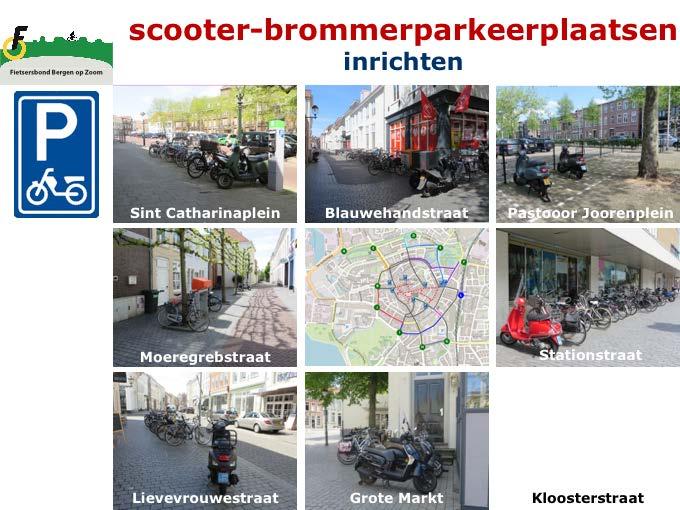 Deze aan de rand van het winkelgebied liggende parkeerplaatsen zijn op een uitzondering na niet bestemd voor snor)brommers / (snor)scooters.