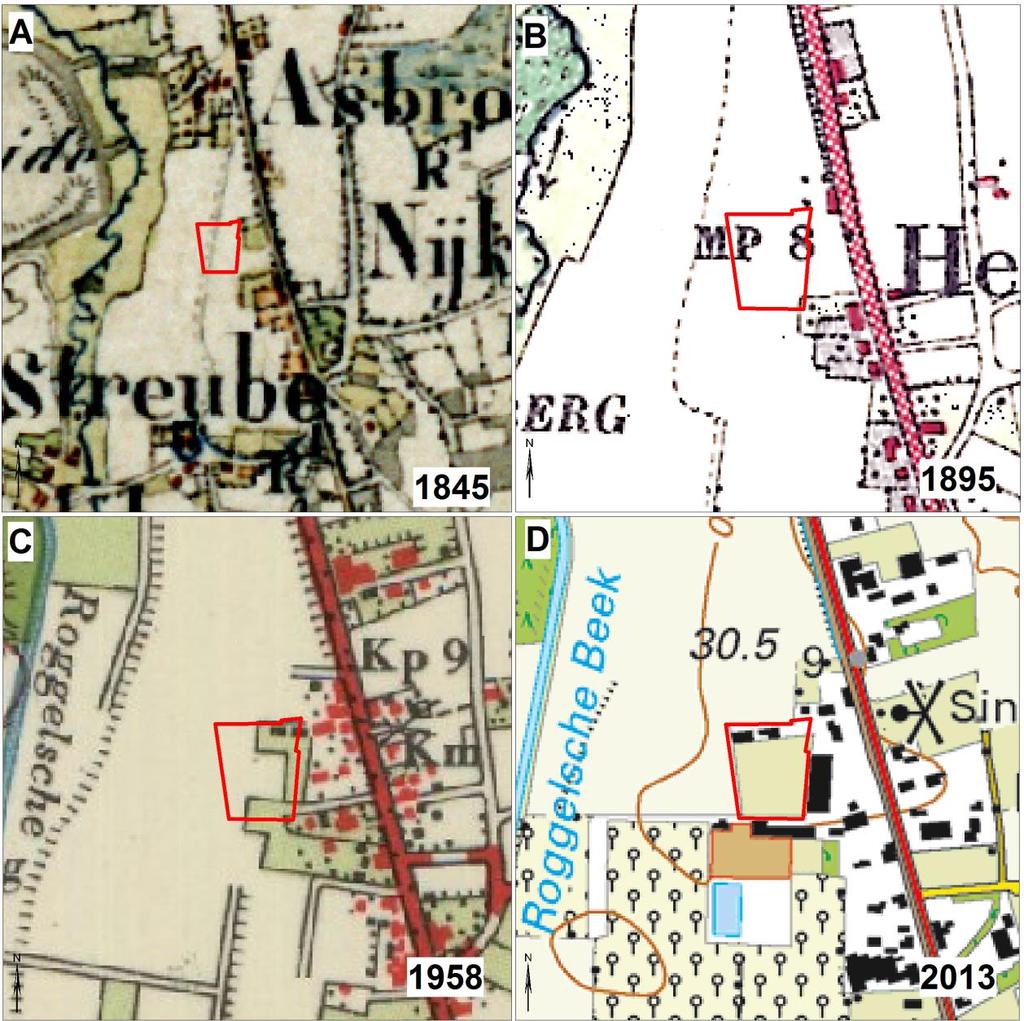 Archeologische onderzoek Nijken 18, Roggel, Gemeente Leudal. ArcheoPro Rapport, 16045, Pagina 23 Figuur 14: Uitsneden uit de topografische kaarten uit achtereenvolgens 1845, 1895, 1958 en 2013.