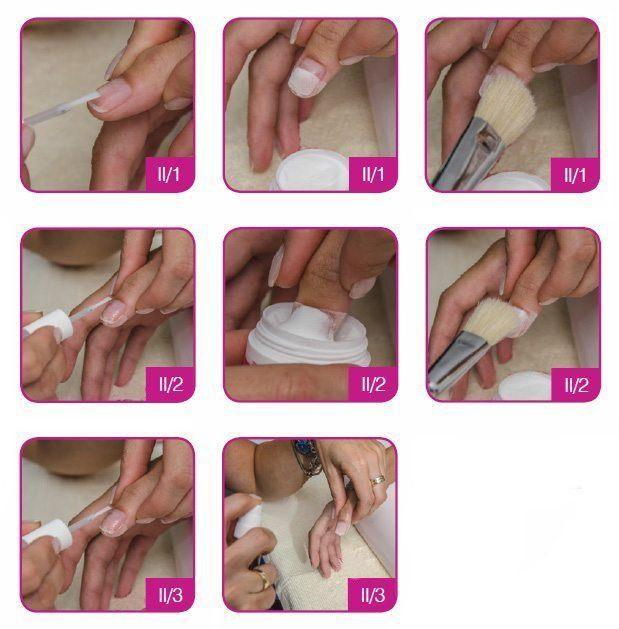 Stap 2 Nagelversterking Nagelversterking 1. Breng de harslijm aan op ¾ van het nageloppervlak (beginnend vanaf de punt).