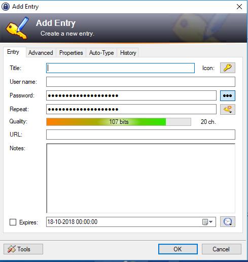 Je ziet nu een scherm waarin je een nieuw wachtwoord kunt opslaan. Let op: bij het openen van dit scherm genereert KeePass meteen een willekeurig wachtwoord.