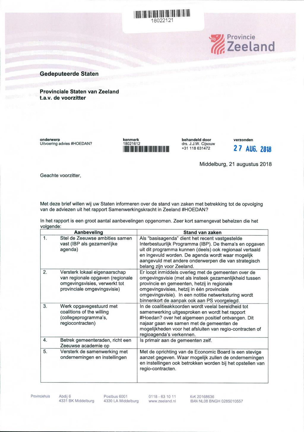 18022121 Provincie Zeeland Gedeputeerde Staten Provinciale Staten van Zeeland t.a.v. de voorzitter onderwerp Uitvoering advies #HOEDAN? kenmerk 18021612 behandeld door drs. J.J.W.