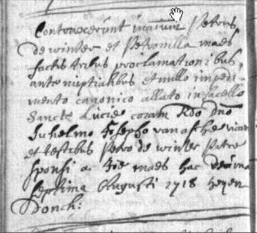 GENERATIE 5 V. Petronella MAES, ged. Heffen-Heindonk 17 juli 1696, Rumst 2 juli 1771. x (Heffen 17 augustus 1718) 26. Peeter DE WINTER, ged. Rumst 15 juni 1686, Rumst 30 april 1733. (zn.
