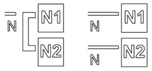 Voorbeeld van een aanwezige verbindingsdraad (links) of een verwijderde verbindingsdraad (rechts).