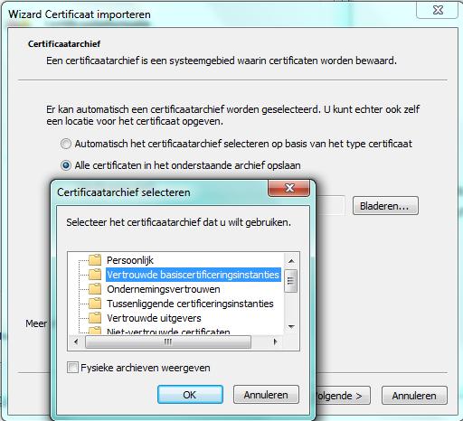 - Doorloop De wizard Certificaat importeren, kies voor Alle certificaten in het onderstaande archief opslaan en via Bladeren voor