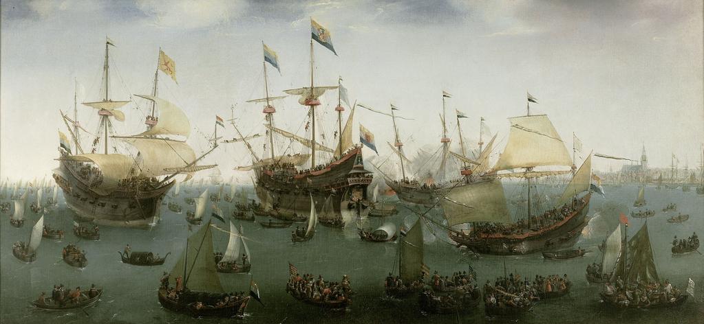 Afbeelding 1: De terugkomst in Amsterdam van de tweede expeditie naar Oost-Indië door Hendrik Cornelisz Vroom (1599).