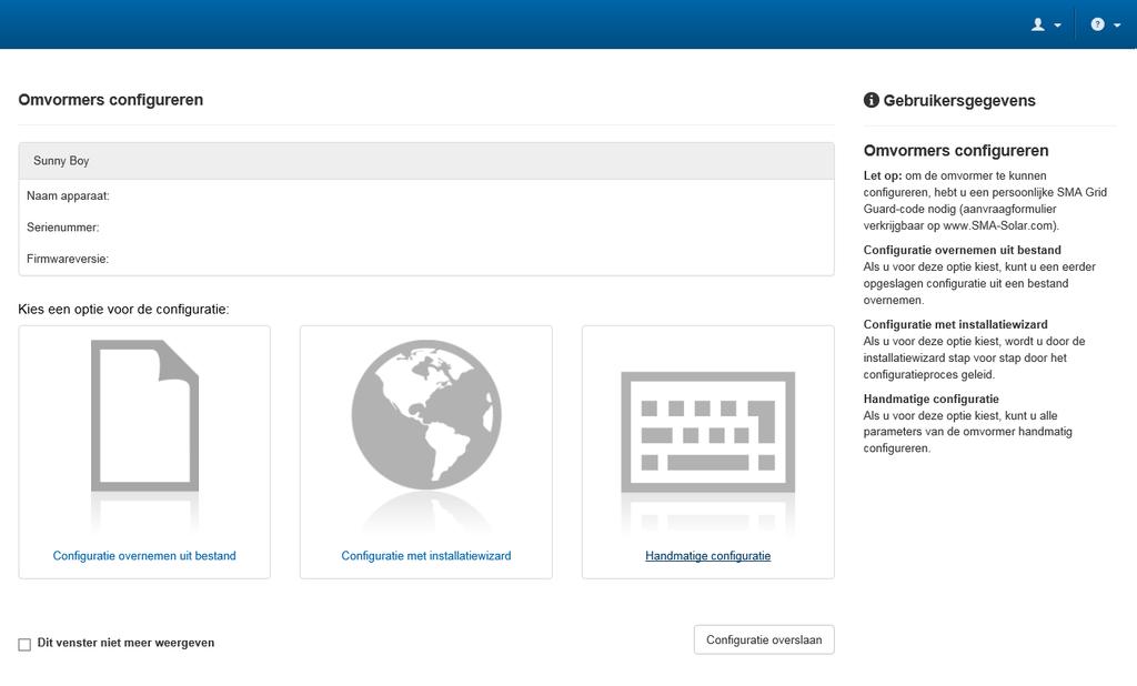 7 Inbedrijfstelling 7.3 Kies een configuratieoptie Nadat u zich als installateur op de gebruikersinterface heeft aangemeld, opent de pagina Omvormer configureren.