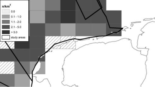 Soortbeschermingstoets Cobra cable Afbeelding 15: Aantallen bruinvissen in maart 2011 in en rond de Noordzeekustzone (Bron Geelhoed et al., 2013).