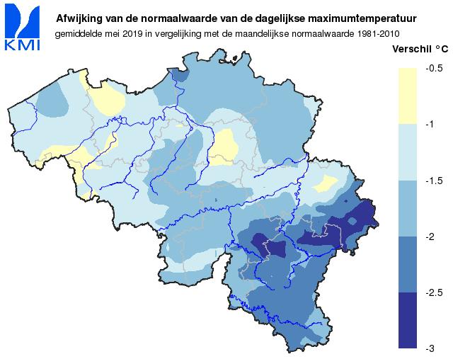 3. Klimatologisch overzicht voor België, mei 219 Geografische verdeling van